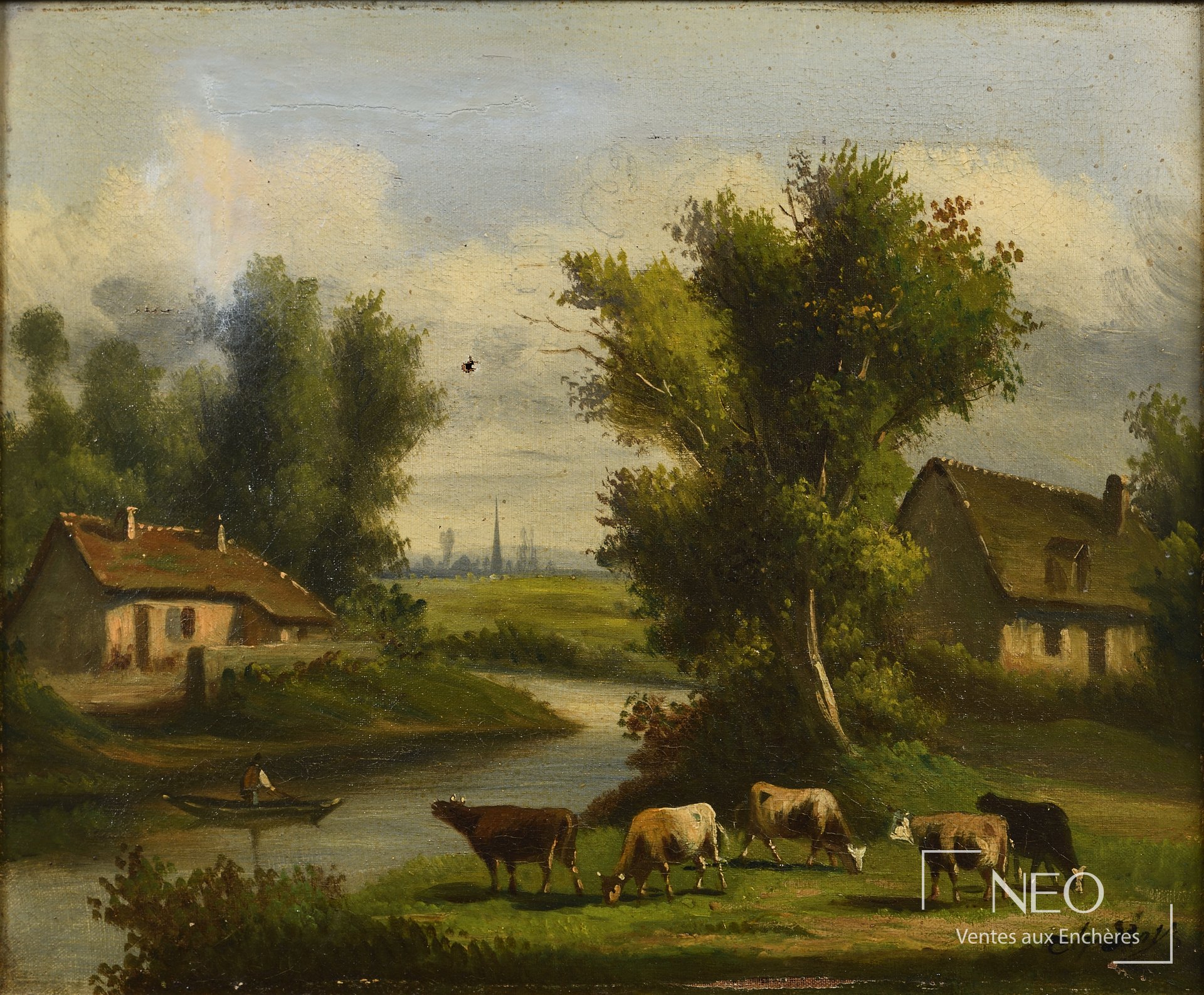 École française du XIXe siècle, paysage animé aux bovins