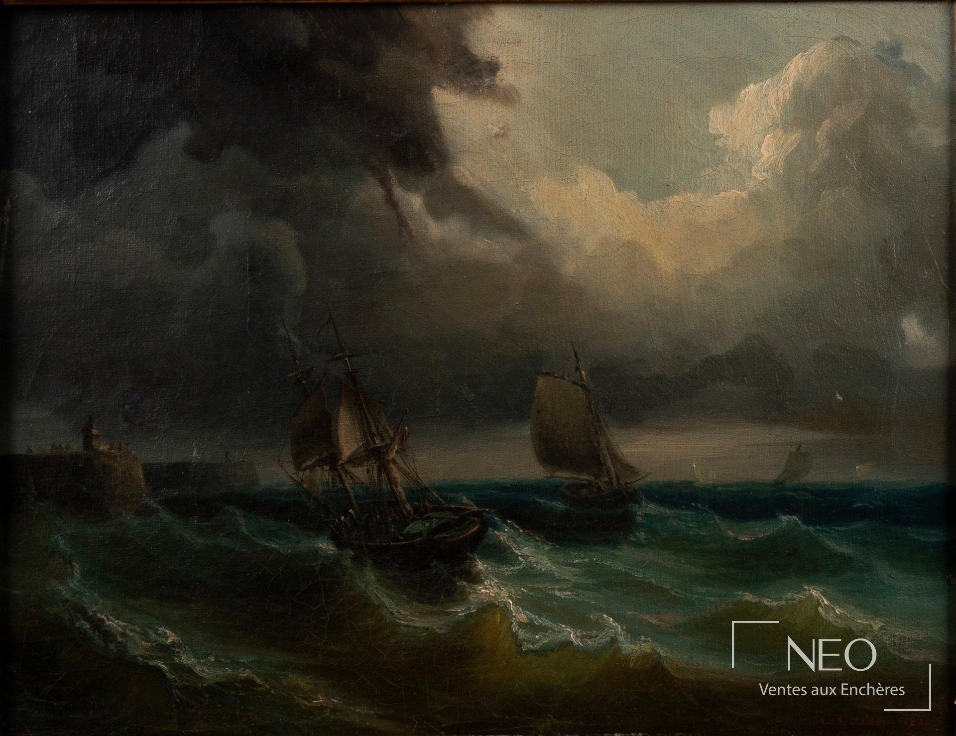 Marine sur toile représentant des voiliers sous un ciel d’orage