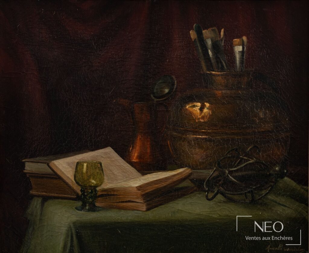 Nature morte à l'huile sur toile avec livres