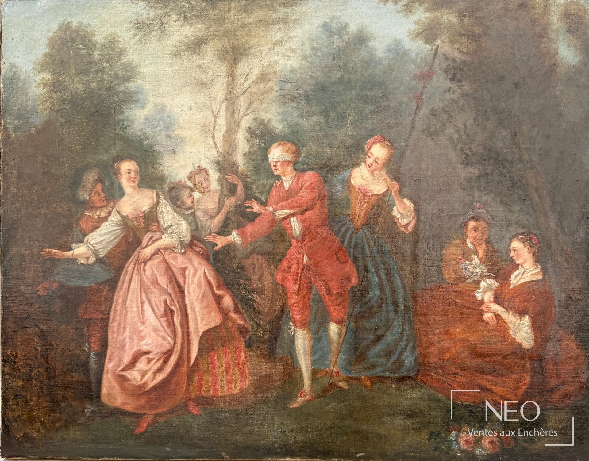 Scène de jeu galant avec plusieurs figures dans un jardin
