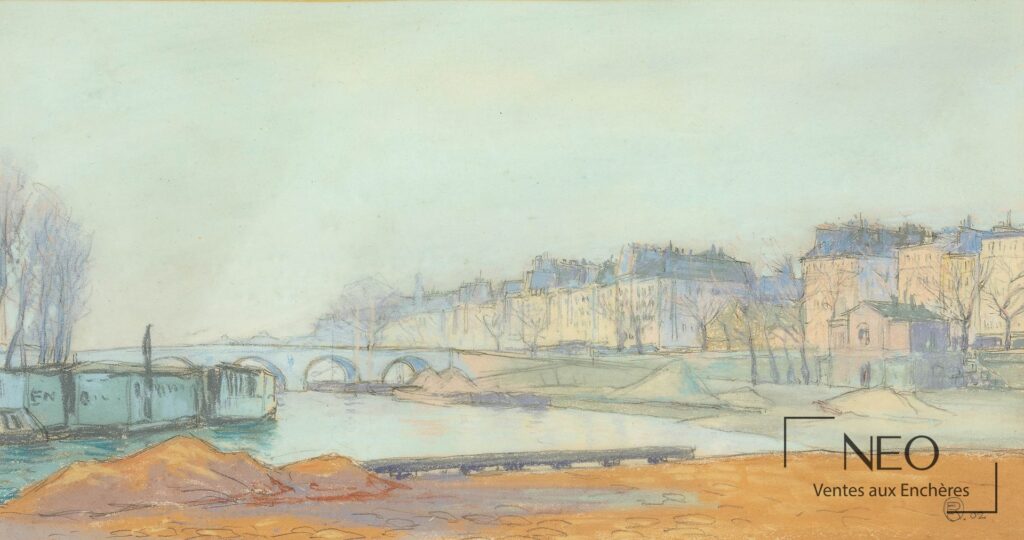 Pastel représentant les quais de Seine à Paris sous un ciel clair