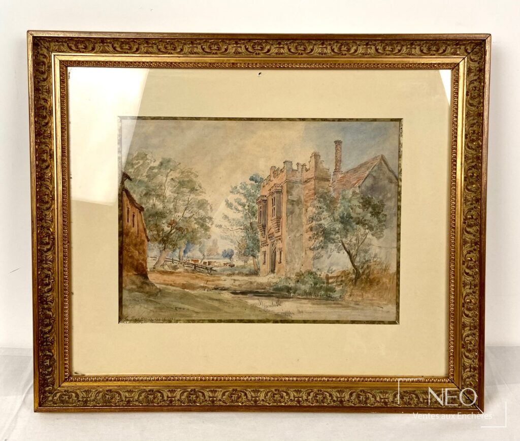 Aquarelle encadrée sous verre représentant une maison rouge dans un paysage arboré