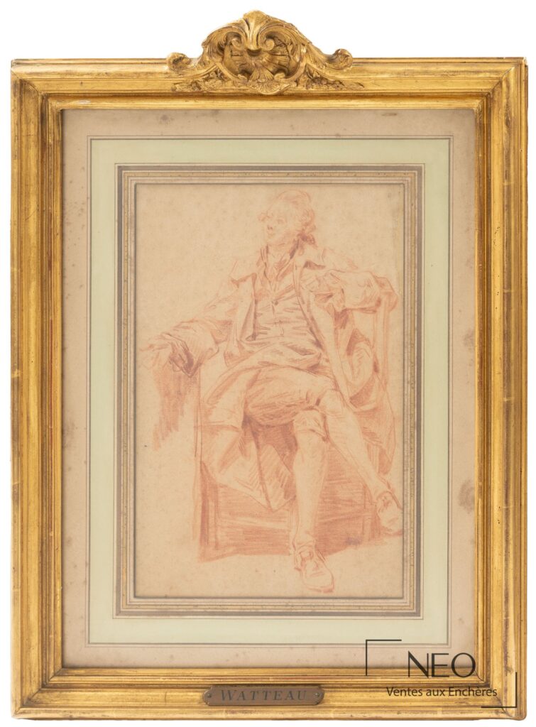 Dessin à la sanguine d'un gentilhomme assis dans un cadre doré