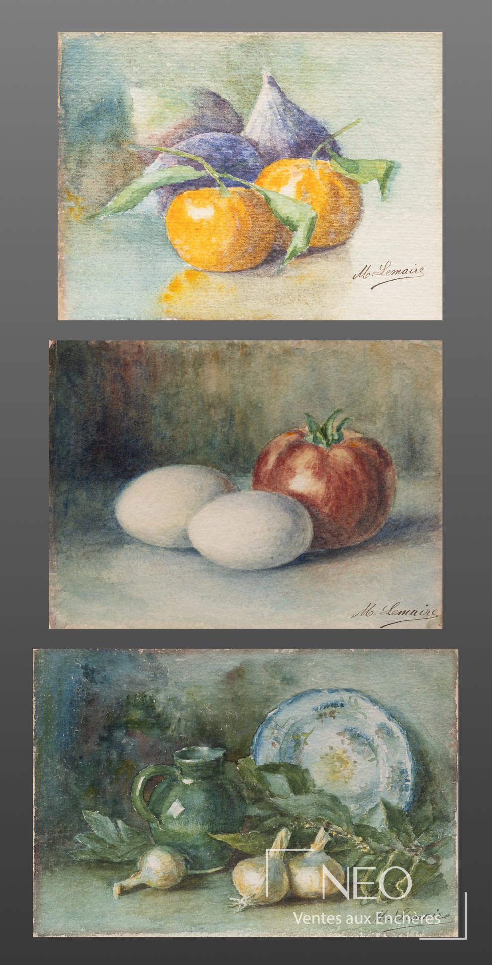 Ensemble de trois aquarelles de natures mortes présenté en une seule vue
