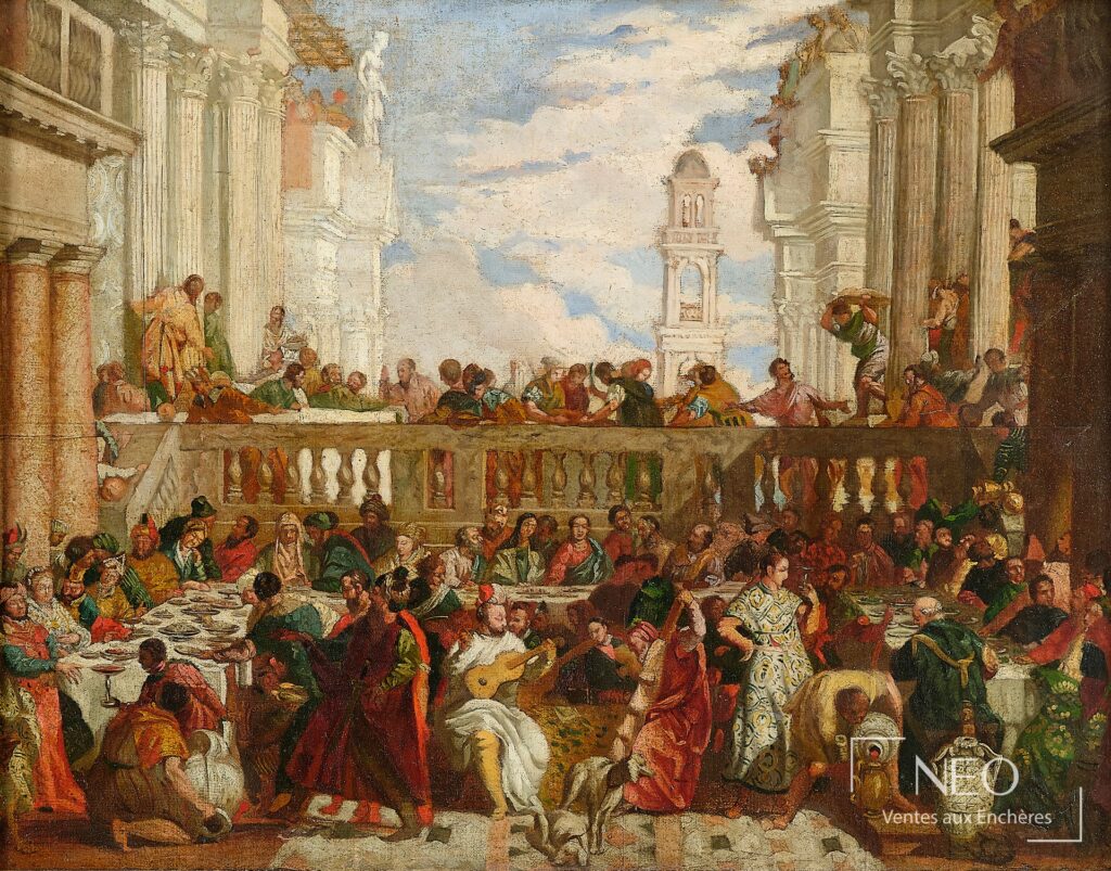 Scène des Noces de Cana dans une architecture monumentale