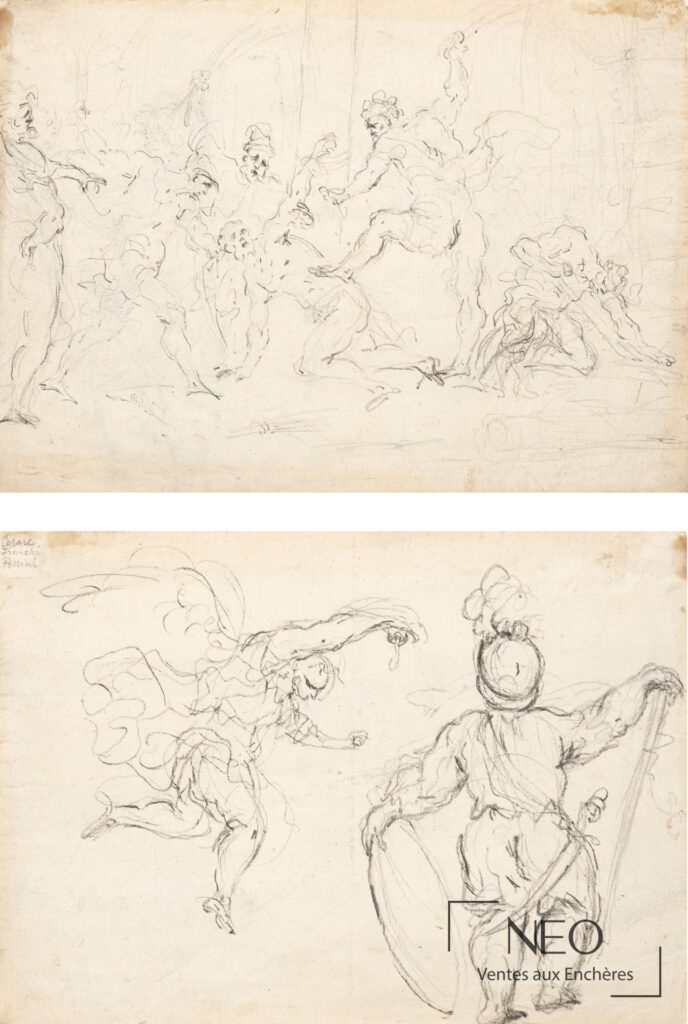 Montage de deux vues d’un dessin à la pierre noire représentant une scène de flagellation et des études au verso