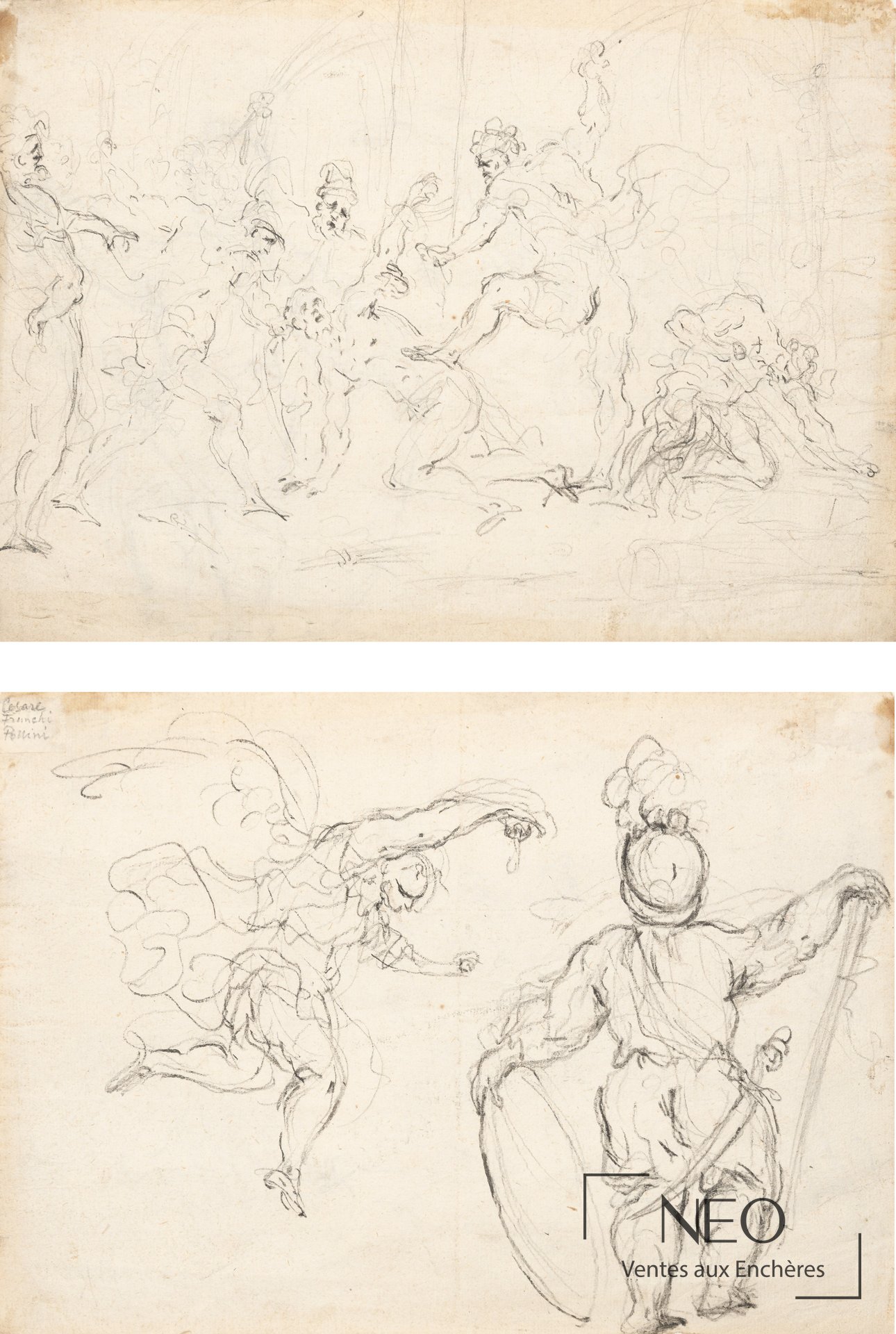 École italienne du XVIIe siècle, scène de flagellation au crayon noir