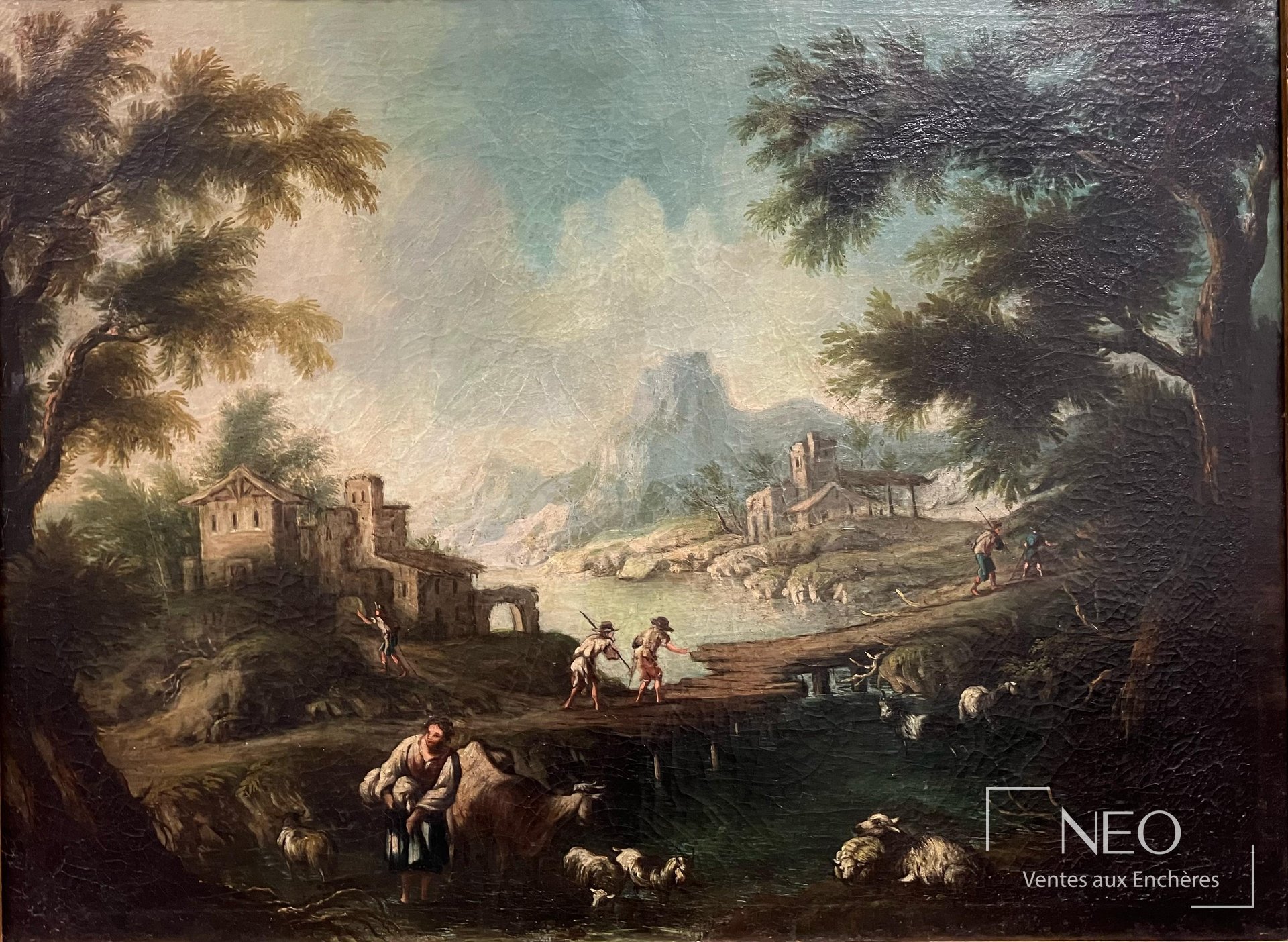 Ecole italienne du XVIIIe siècle, suiveur de Guiseppe Zais, bergers dans un paysage de montagnes