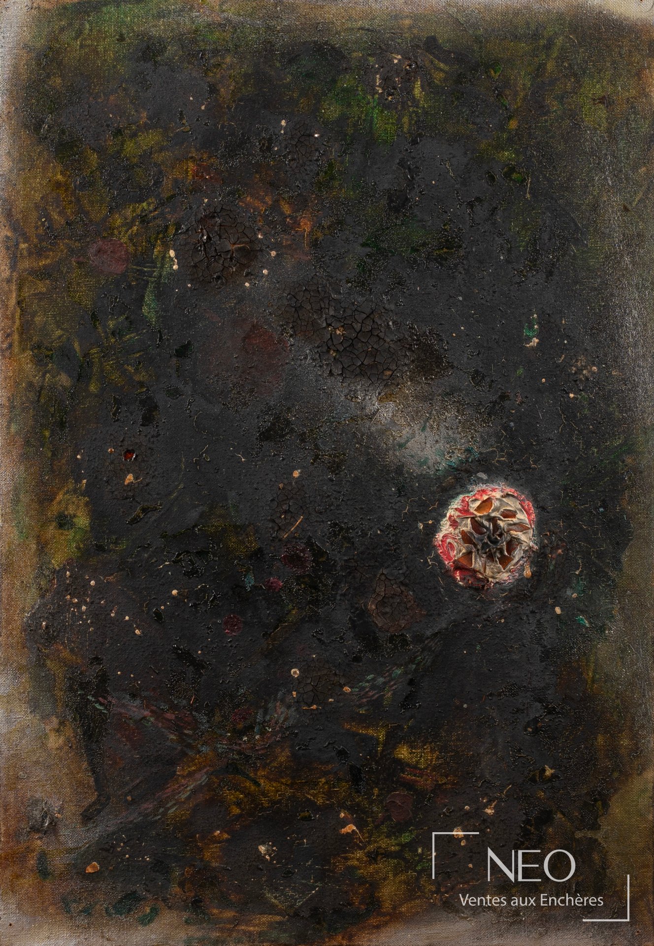 Toile abstraite aux tons sombres avec matière épaisse et détails colorés