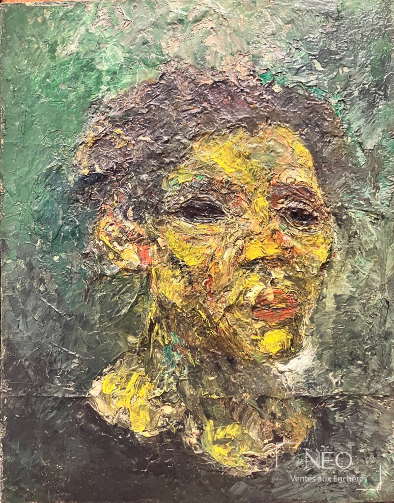 Portrait d'homme aux empâtements colorés sur fond vert