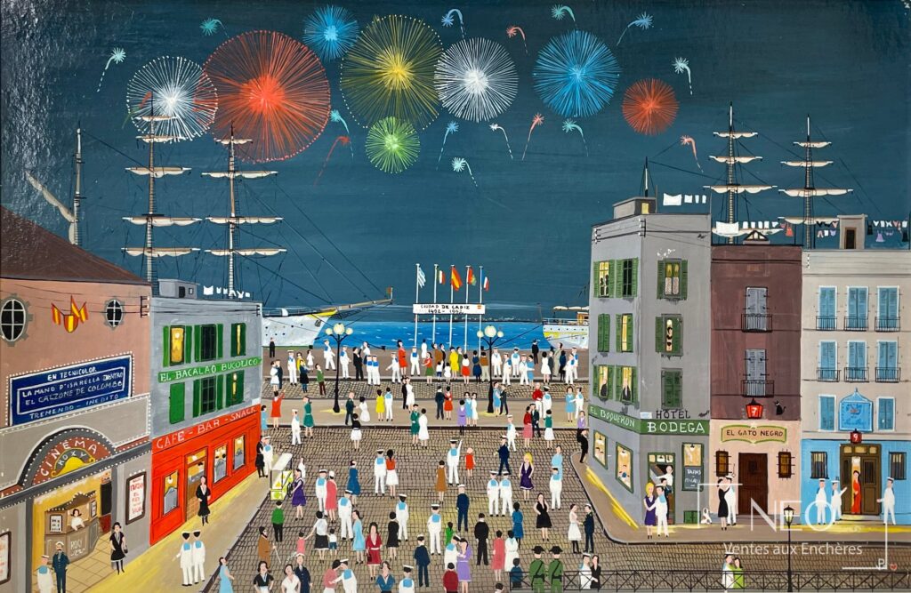 Scène maritime nocturne avec feux d'artifice