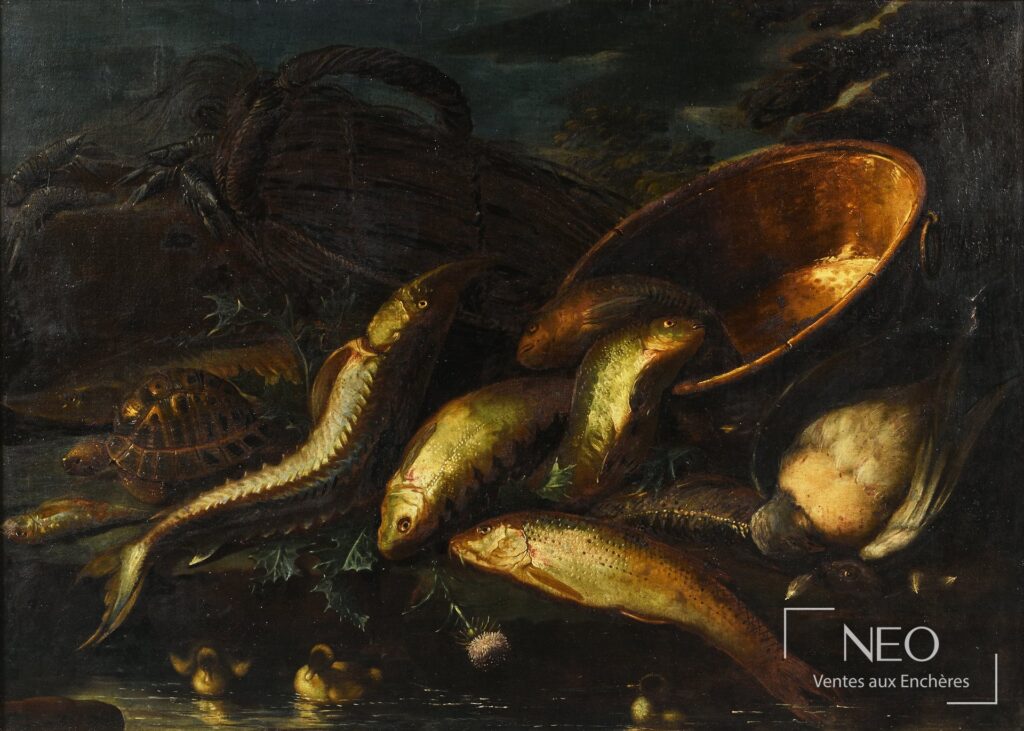 Vue de face d’une huile sur toile représentant des poissons et une tortue dans un paysage sombre