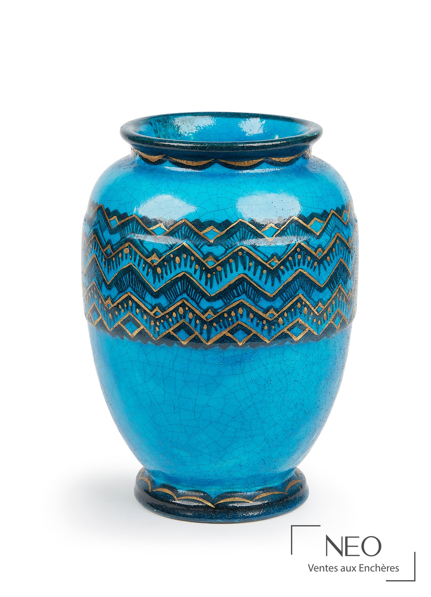 Vase ovoïde en céramique bleu craquelé avec décor géométrique doré