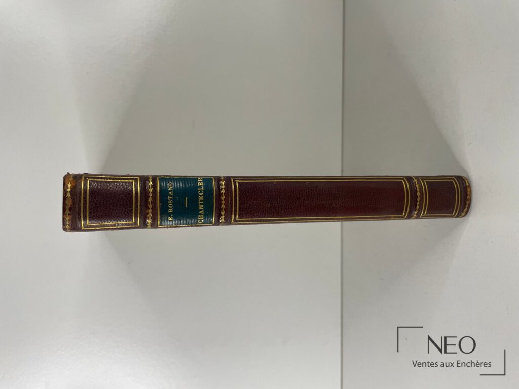 Dos d’un livre relié en demi chagrin violet avec titres dorés.