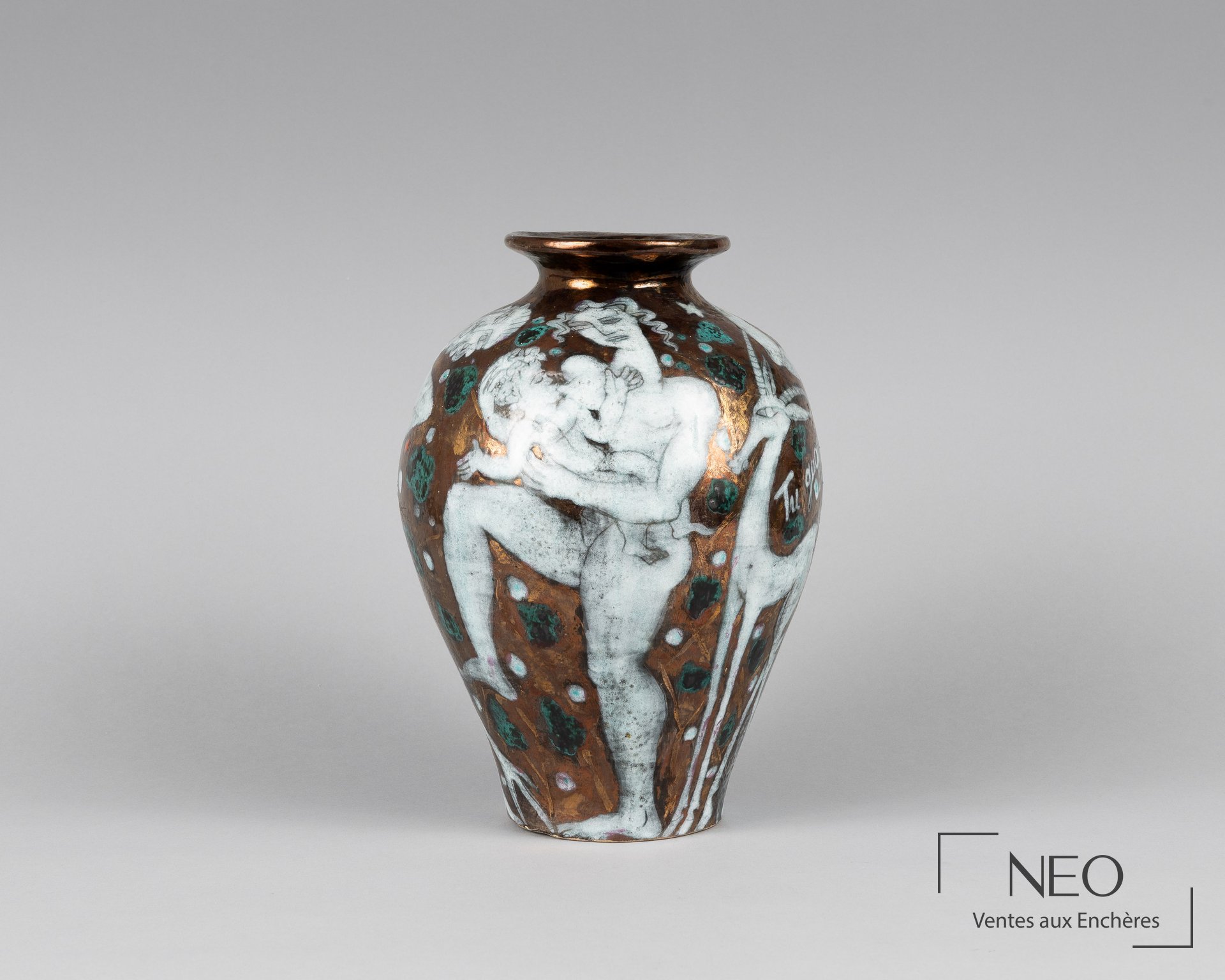 Édouard Cazaux Vase ovoïde en faïence émaillée à décor narratif