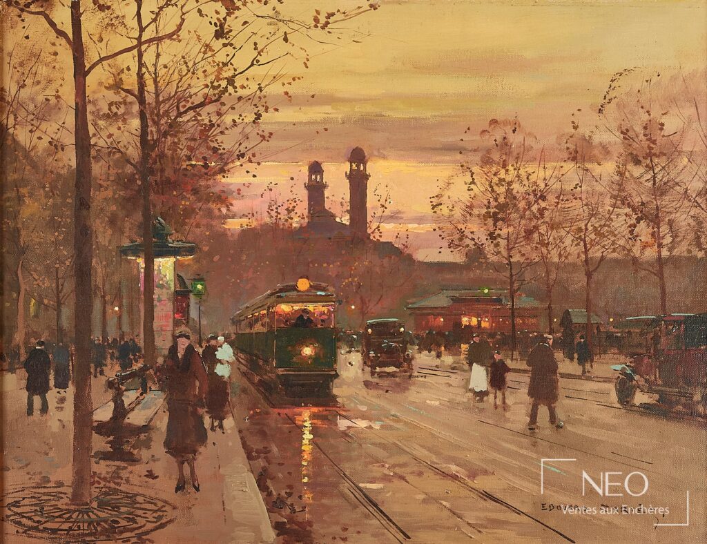 Vue générale du tableau signé Édouard Cortes représentant une avenue parisienne au crépuscule avec tramways et passants.