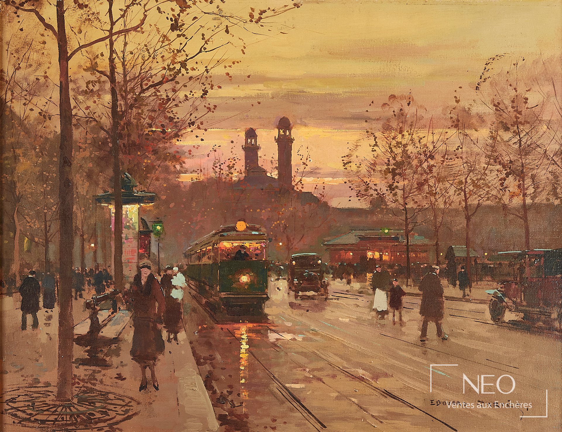 Vue générale du tableau signé Édouard Cortes représentant une avenue parisienne au crépuscule avec tramways et passants.