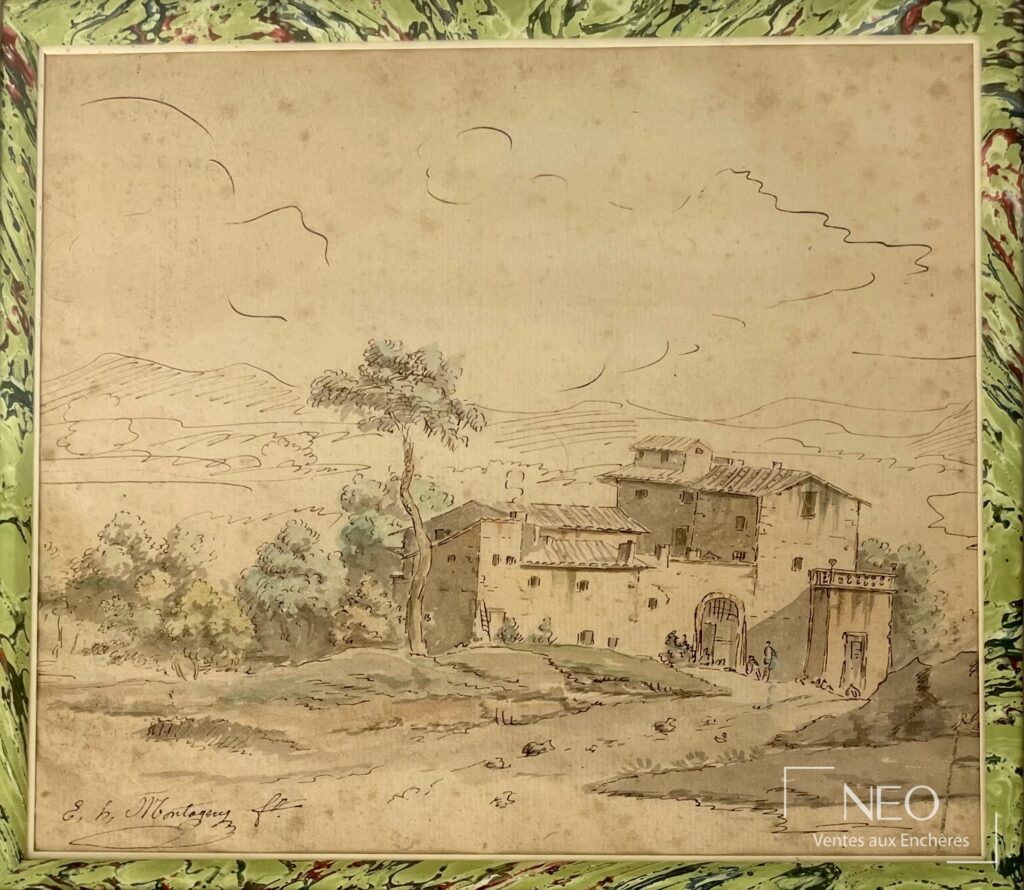Vue d'une campagne italienne en encre et aquarelle sur papier vergé