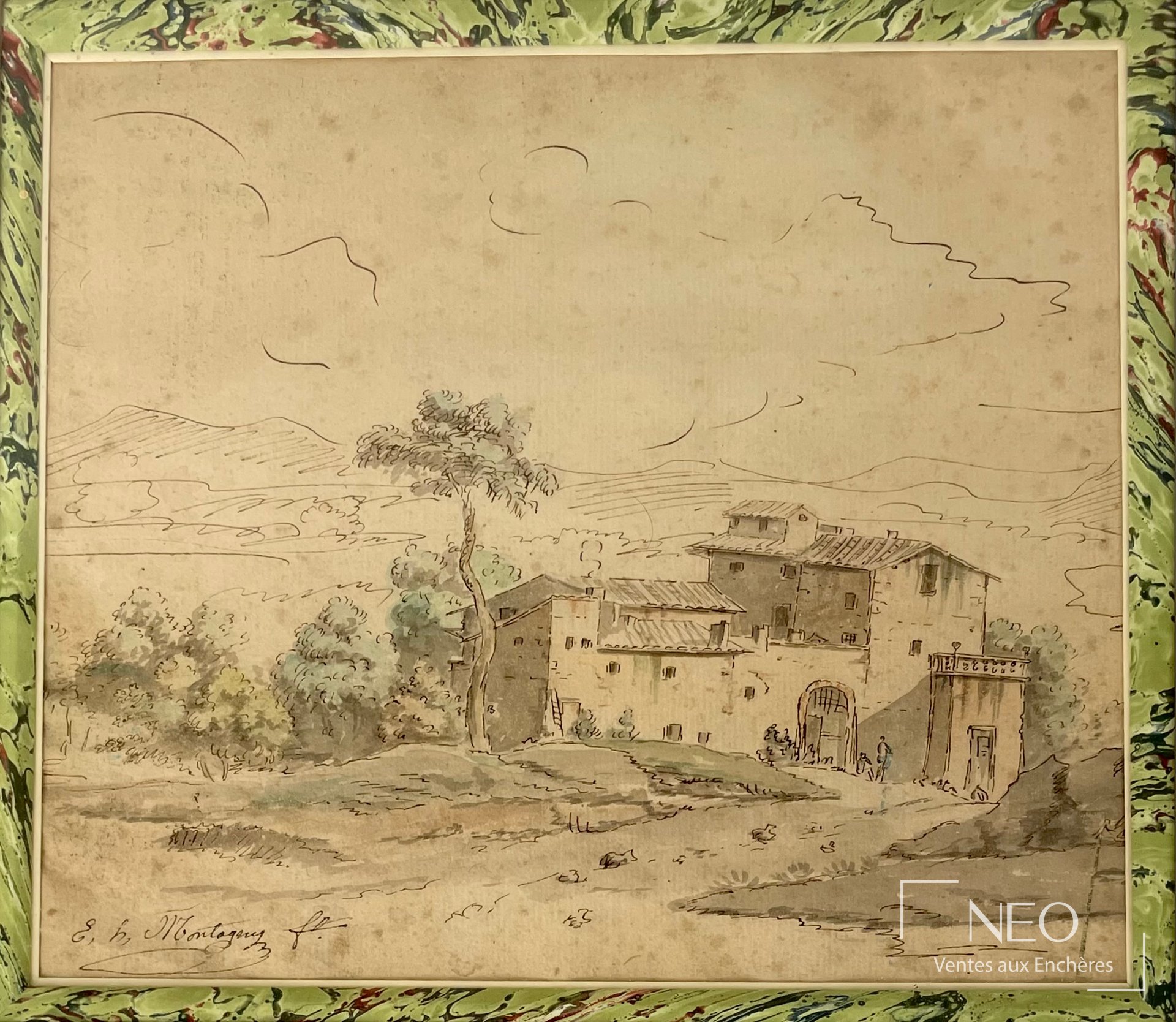 Vue d'une campagne italienne en encre et aquarelle sur papier vergé