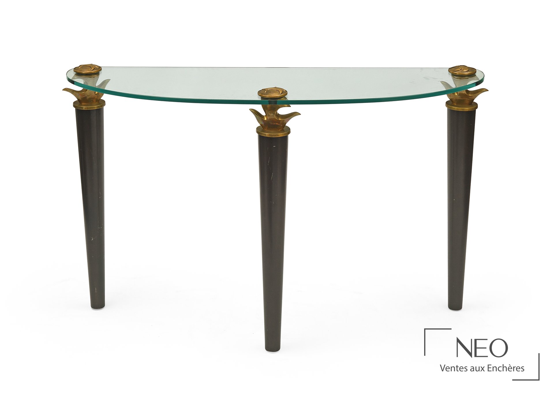 Console tripode en bois et bronze doré avec plateau en verre épais