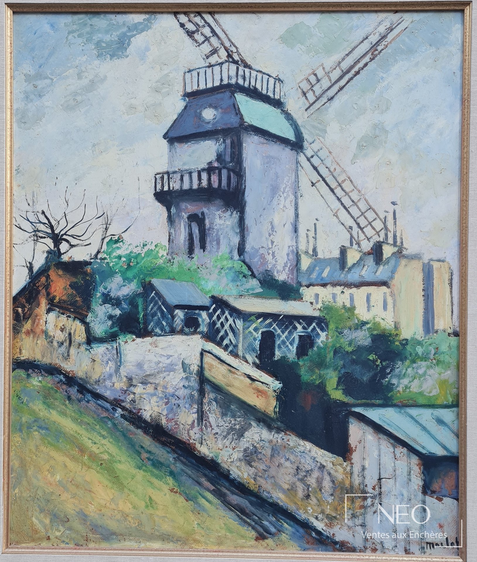 Huile sur isorel représentant un moulin avec ailes et bâtiments