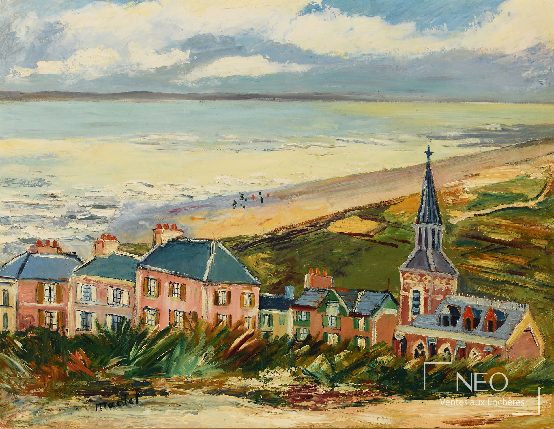 Vue du village de Saint-Michel-En-Grève peinte à l’huile