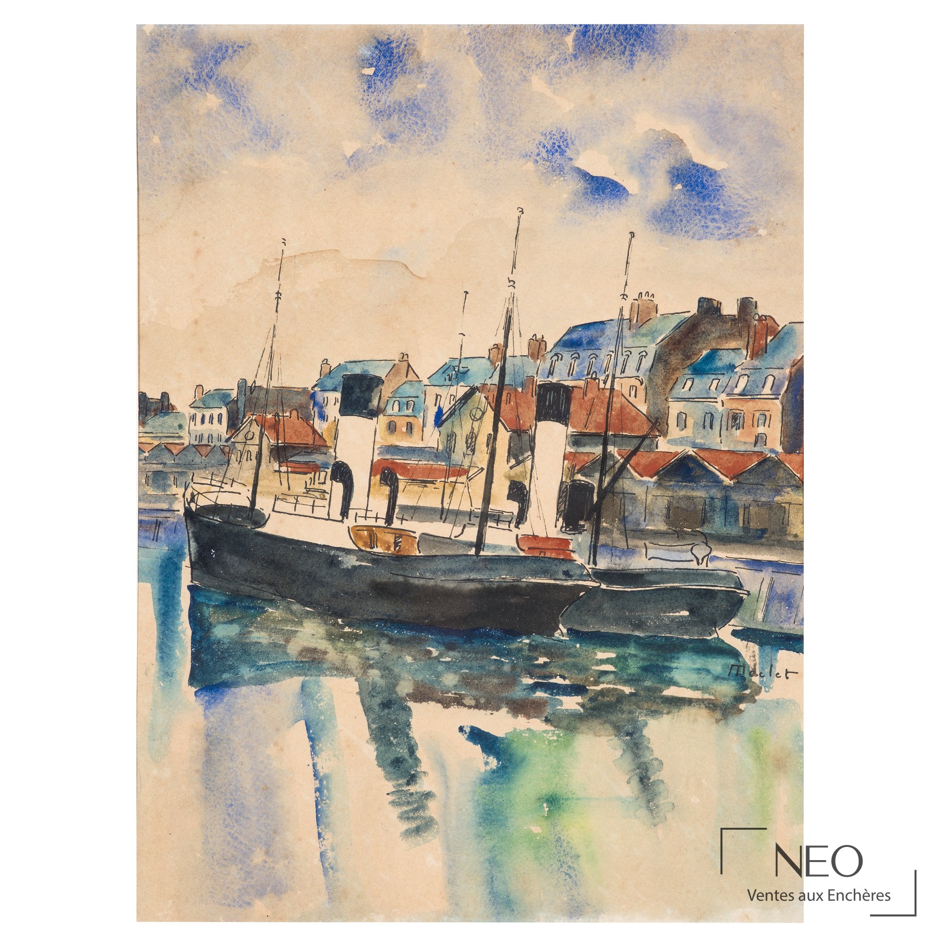 Aquarelle signée Maclet représentant deux bateaux amarrés à quai