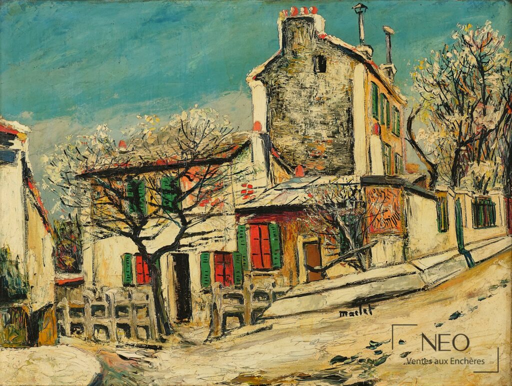 Vue de face du tableau d'Élisée Maclet représentant des maisons de Montmartre sous la neige