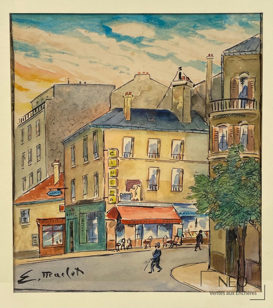 Vue d'ensemble de l'œuvre de Maclet représentant des immeubles parisiens et un ciel coloré