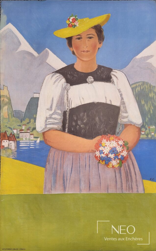 Affiche en couleurs représentant une femme en costume traditionnel avec bouquet