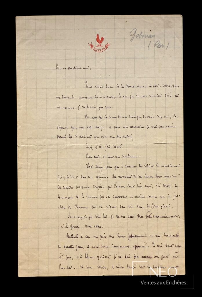 Lettre autographe d'Émile Gaboriau sur papier quadrillé