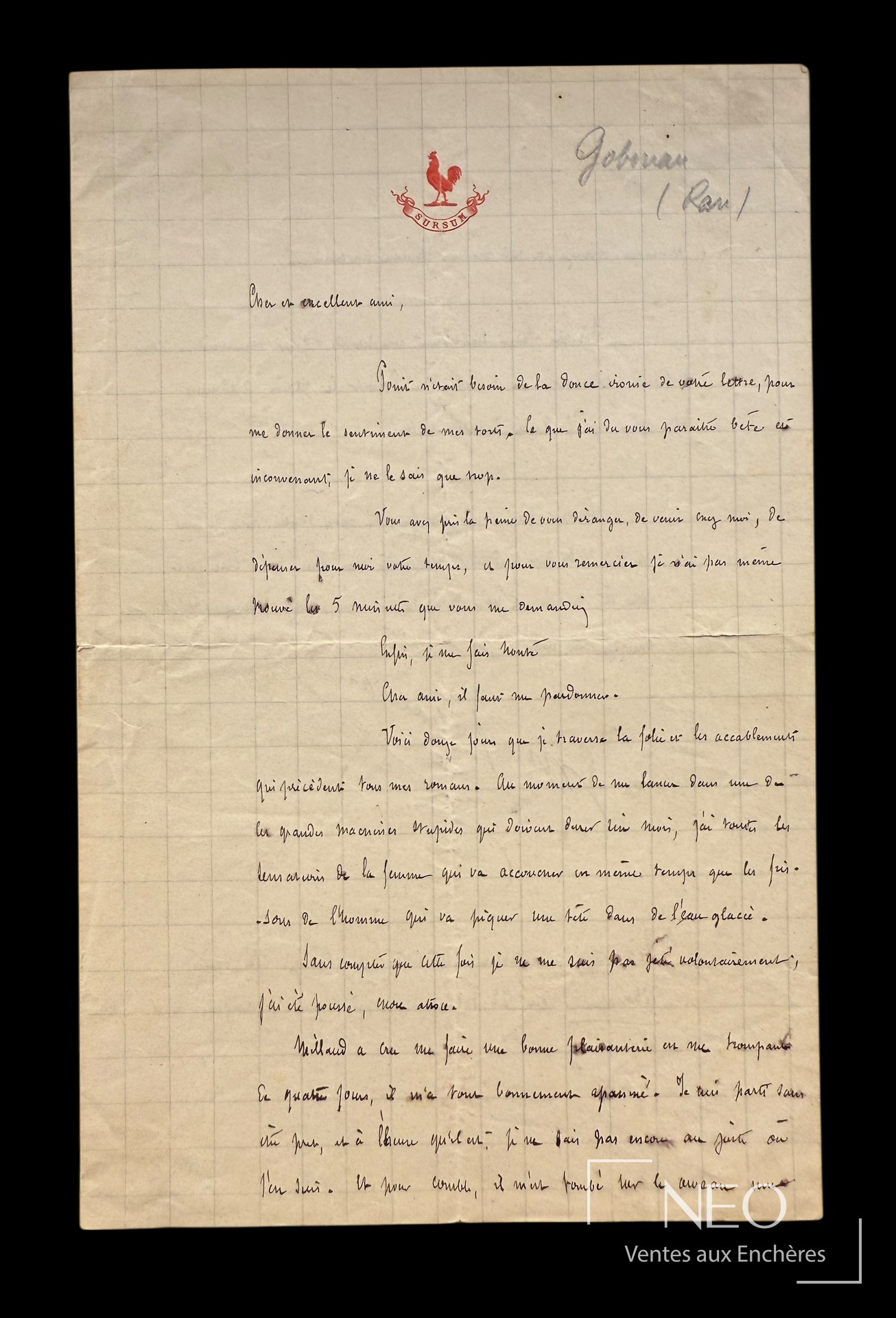 Lettre autographe d'Émile Gaboriau sur papier quadrillé