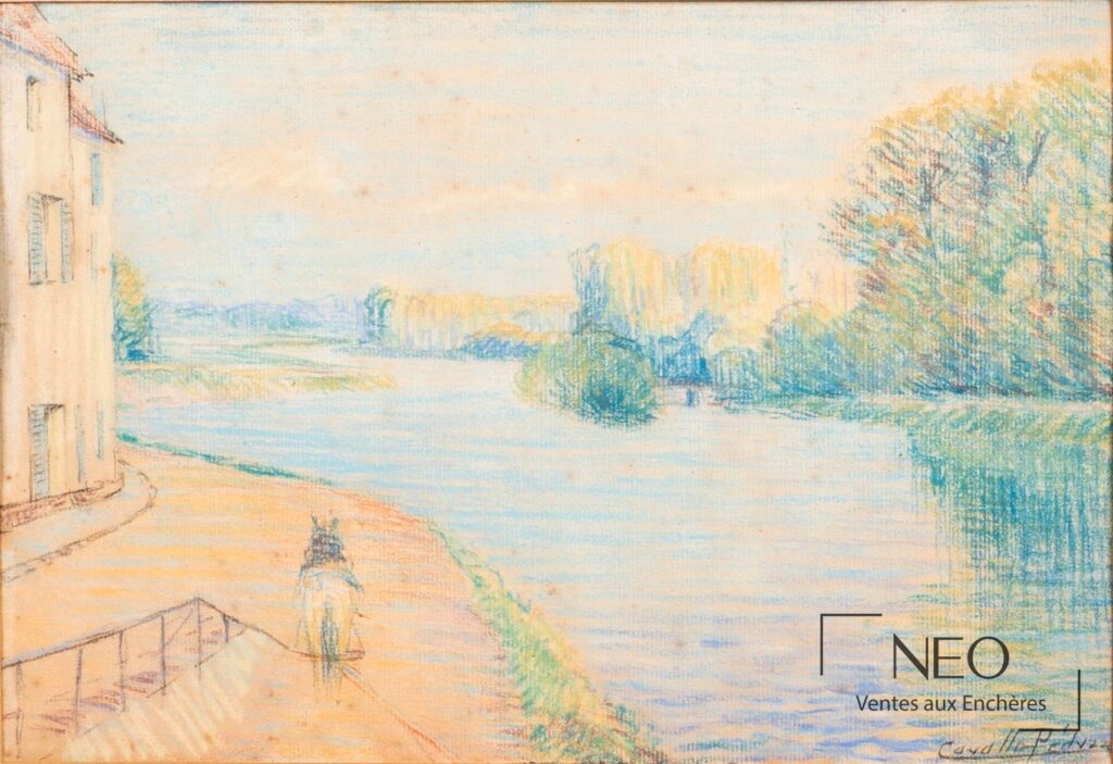 Pastel représentant un bord de rivière avec une maison à gauche et des arbres au loin
