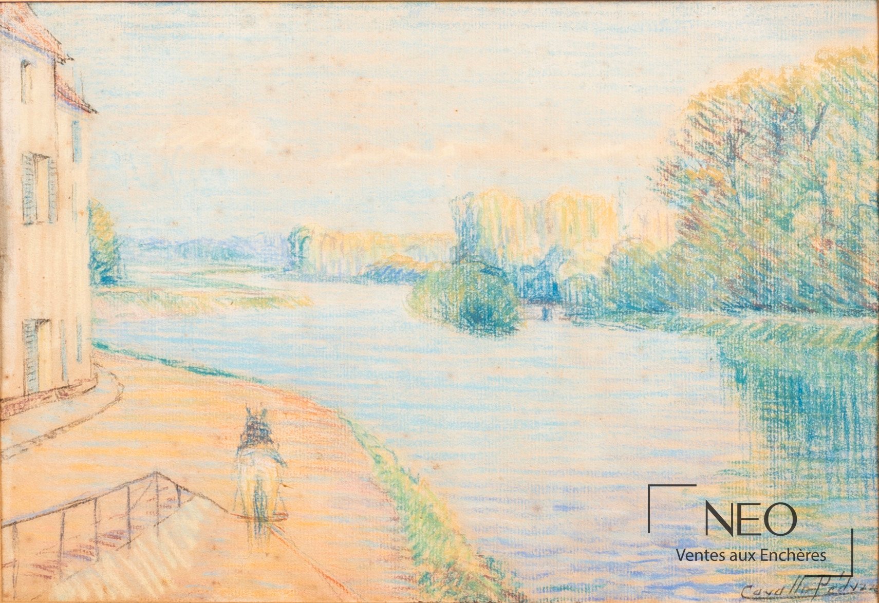 Pastel représentant un bord de rivière avec une maison à gauche et des arbres au loin