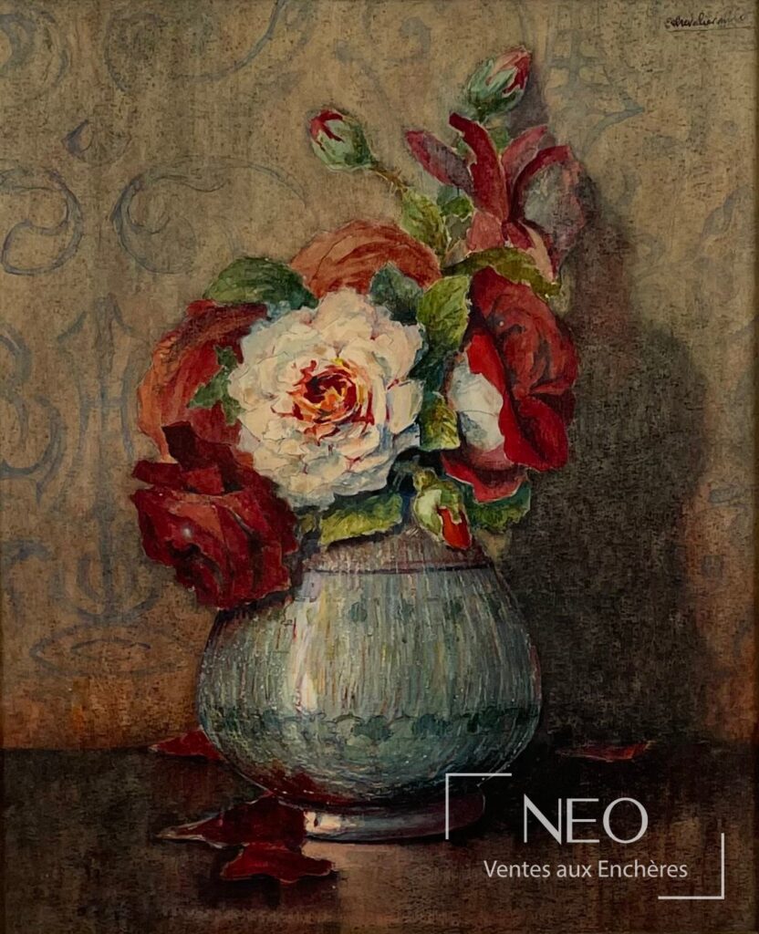 Bouquet de fleurs aux roses rouges sur papier cartonné