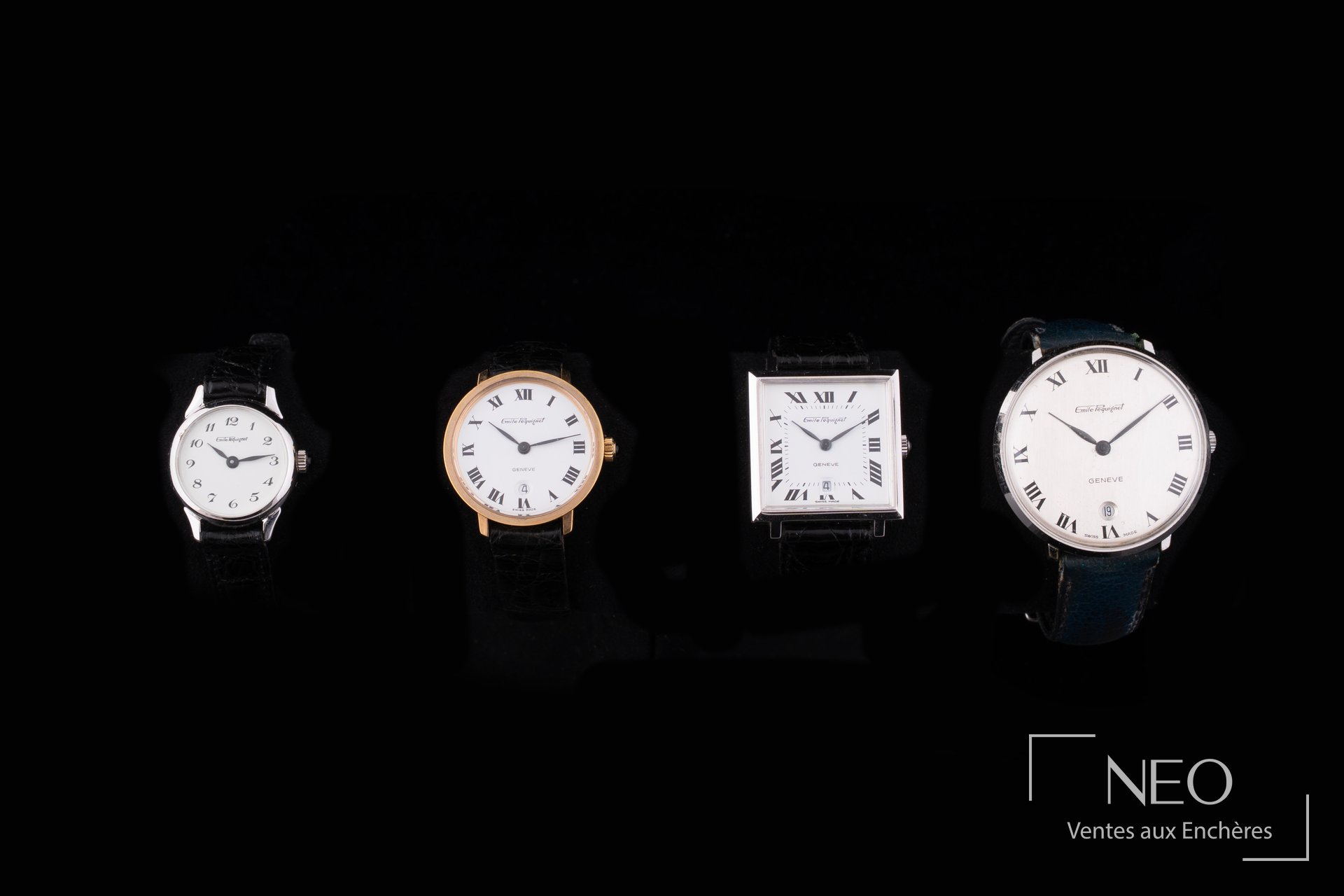 Lot de quatre montres de dame Emile Pequinet présentées de face sur fond noir