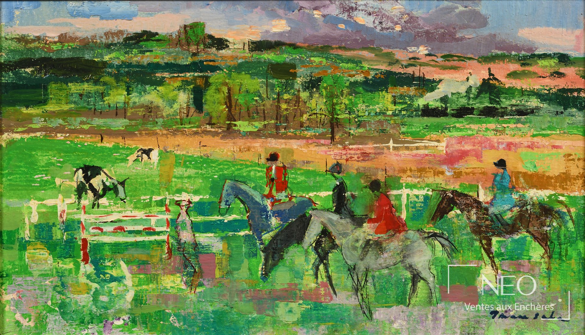 Peinture colorée de cavaliers dans un paysage