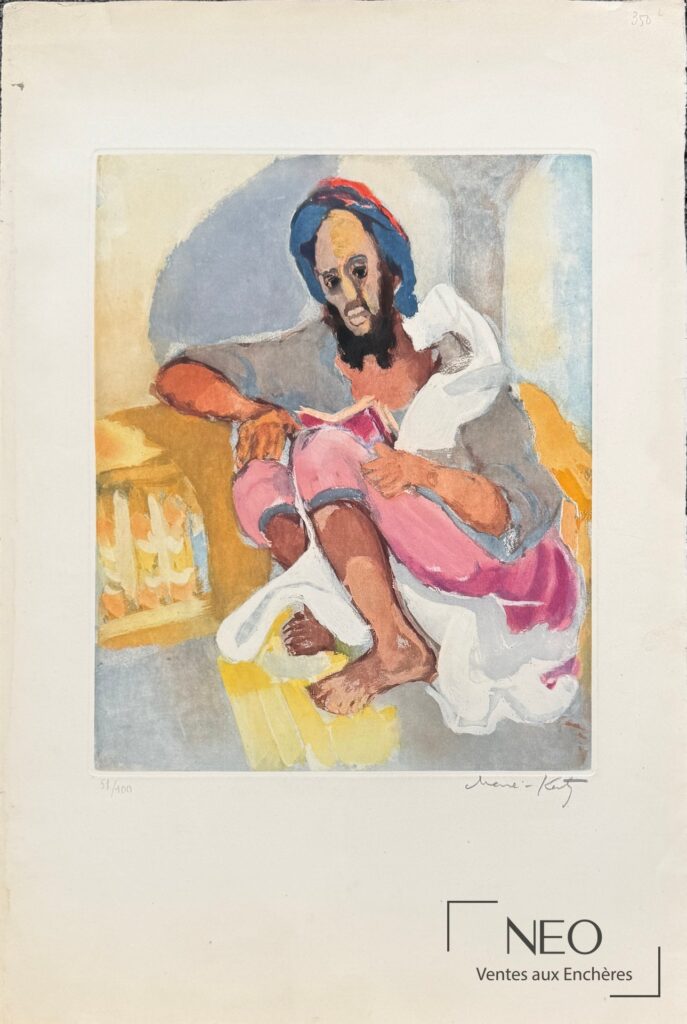 Aquatinte en couleurs représentant un homme au turban assis et lisant