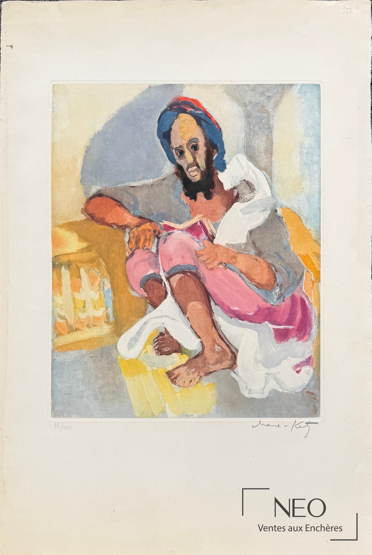 Aquatinte en couleurs représentant un homme au turban assis et lisant
