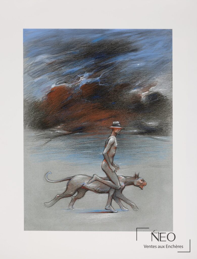 Lithographie de Enki Bilal montrant une figure nue montée sur un félin
