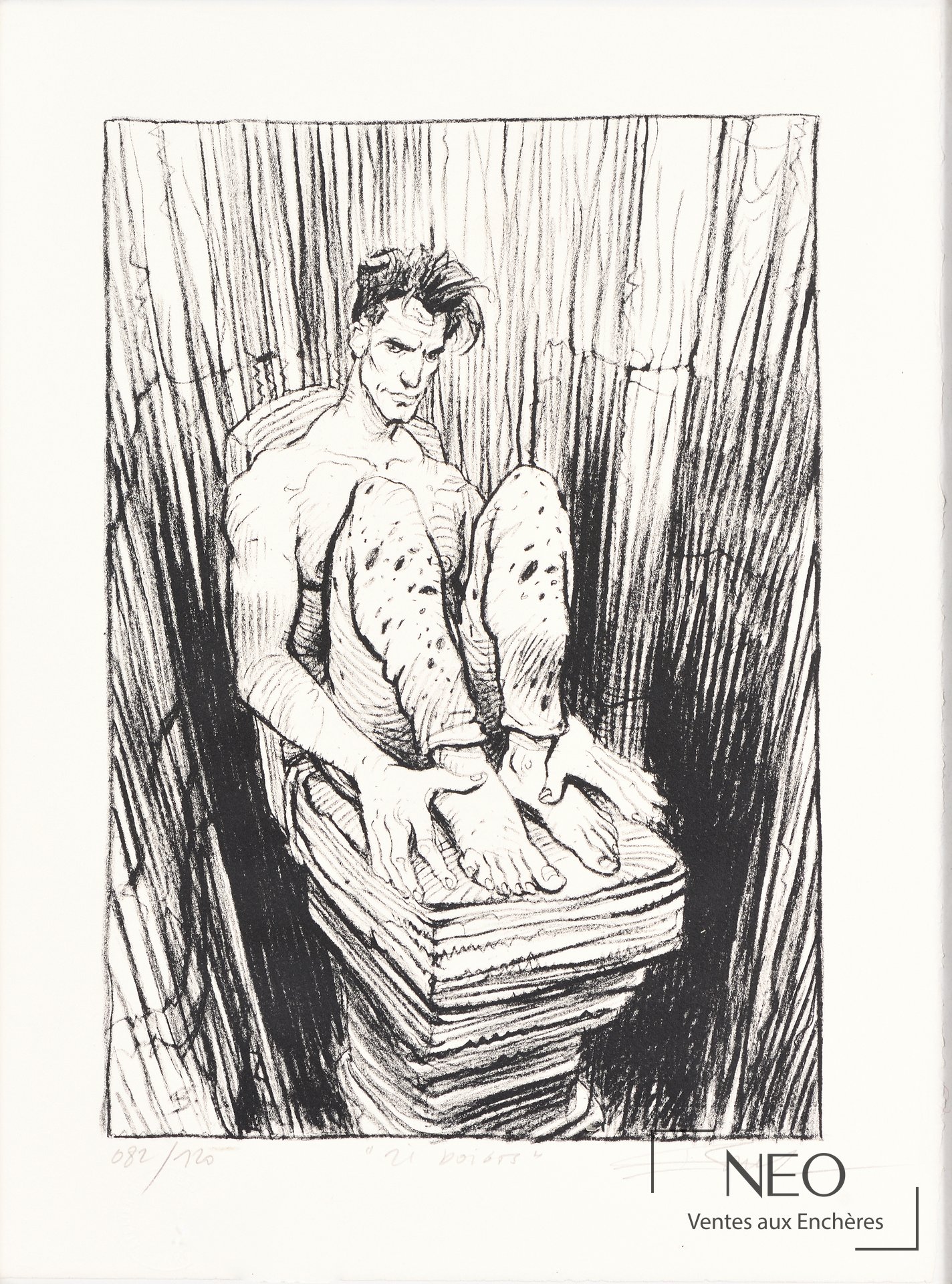 Lithographie d'Enki Bilal représentant un homme assis