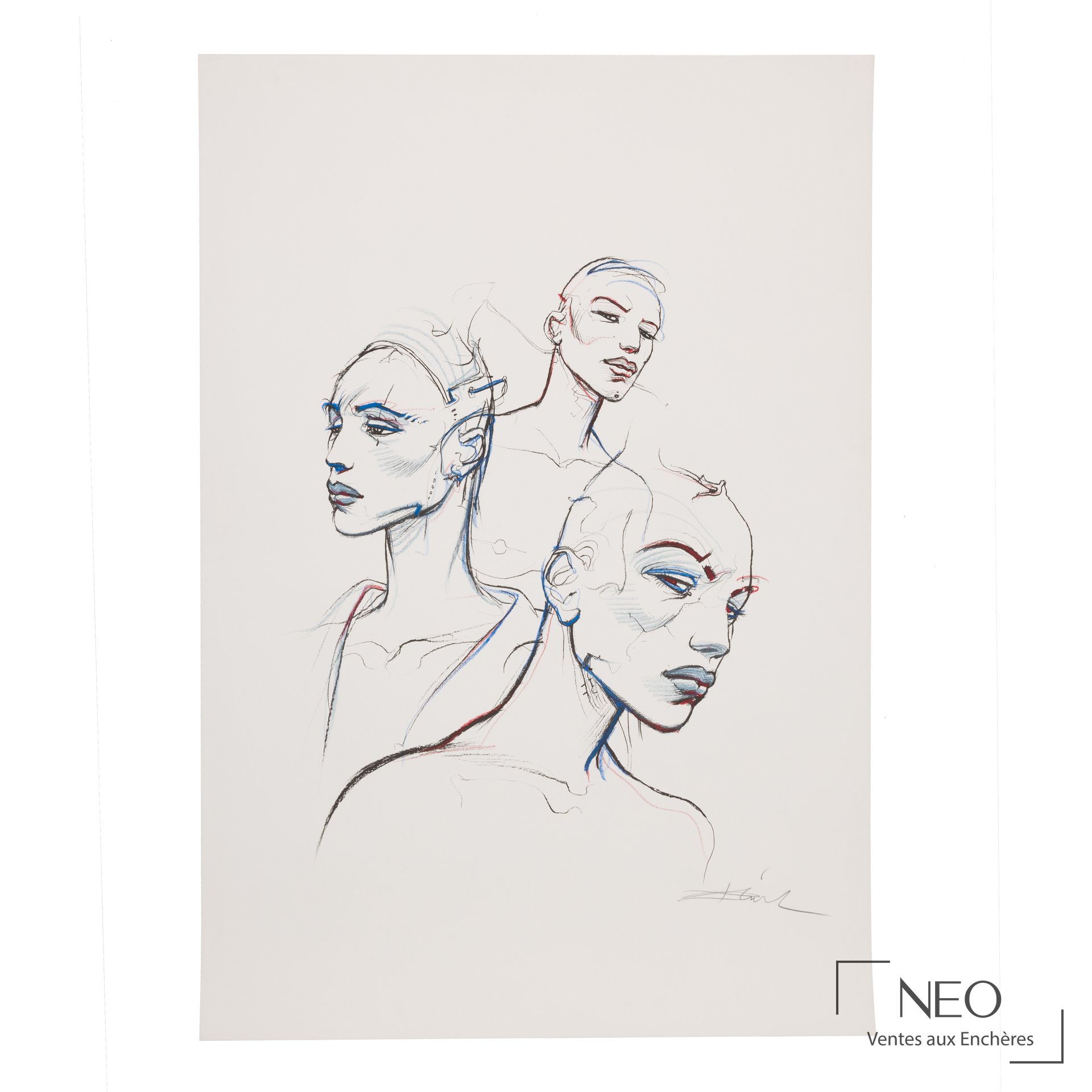 Lithographie d'Enki Bilal représentant trois visages féminins sur fond blanc