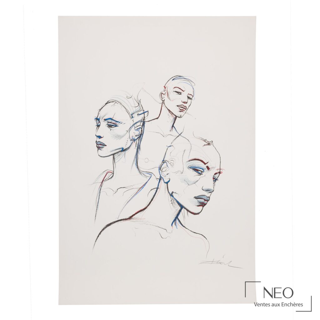 Lithographie d'Enki Bilal représentant trois visages féminins