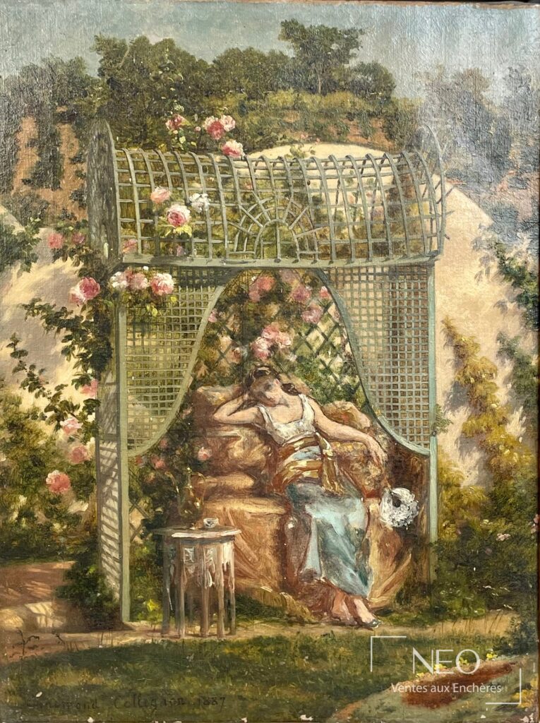 Femme alanguie sous une tonnelle fleurie dans un jardin