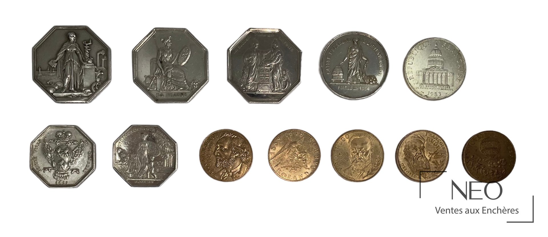 Ensemble de 12 pièces en argent, jetons, médailles et monnaies commémoratives