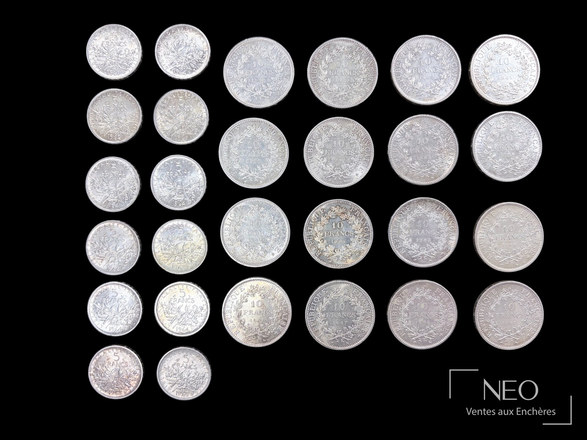 Ensemble de monnaies en argent, pièces de 50 francs Hercule et 5 francs Semeuse