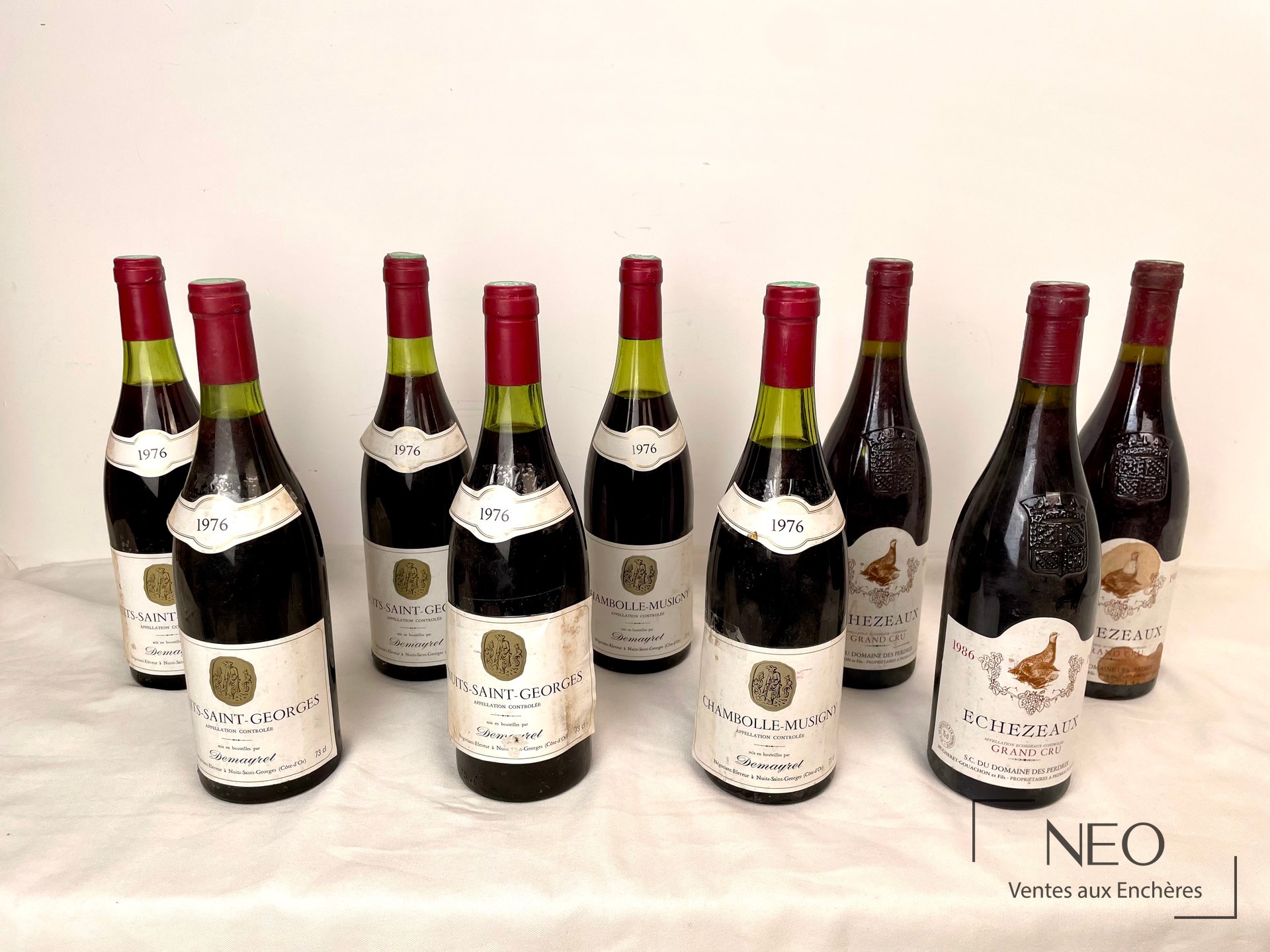 Neuf bouteilles de Bourgogne présentées de face