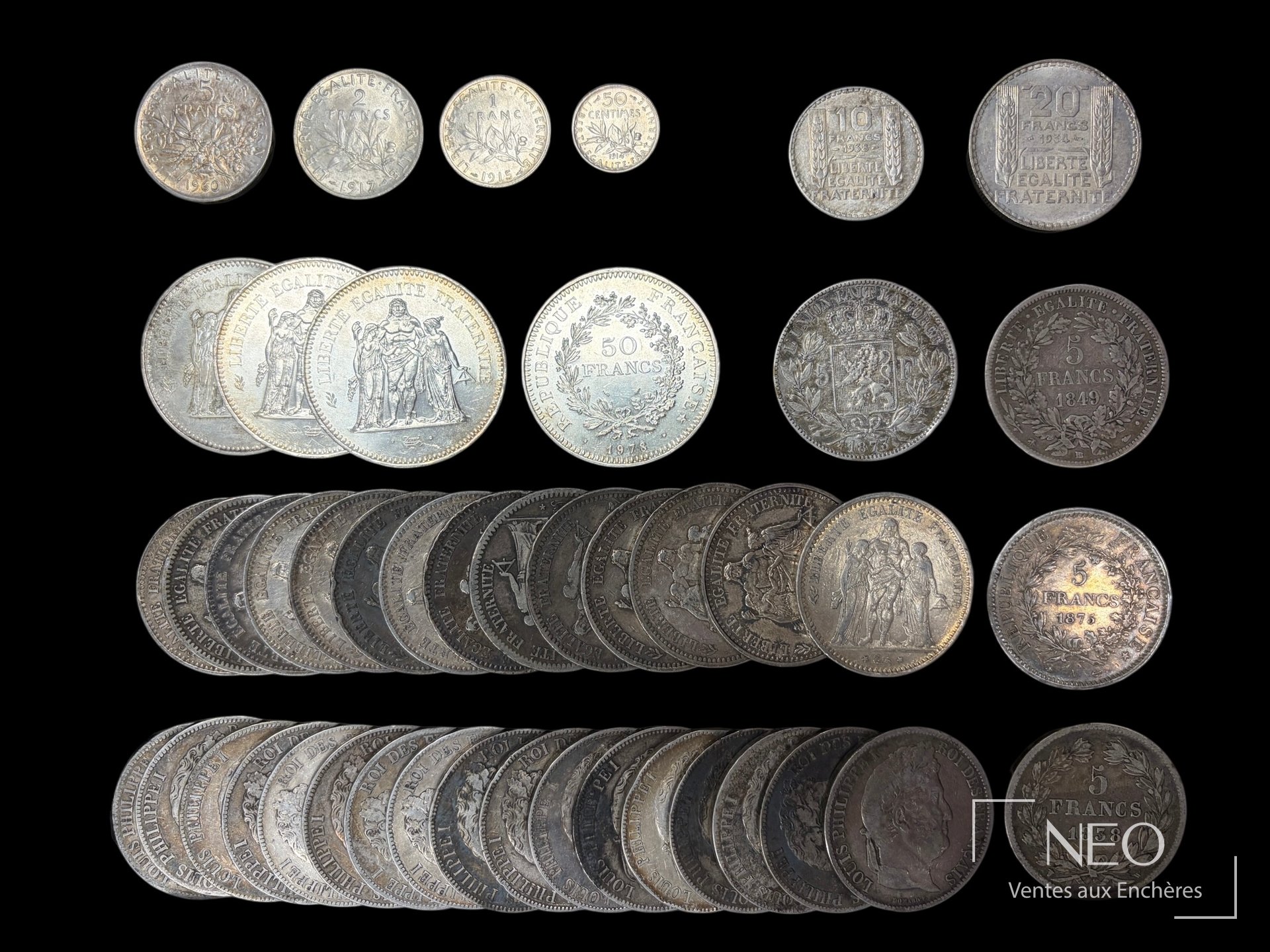 Ensemble de 44 pièces en argent, monnaies françaises et belges