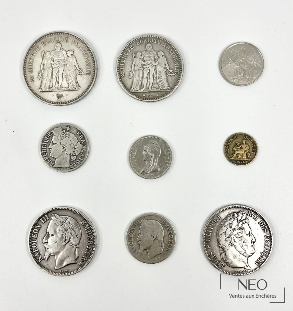 Ensemble de neuf pièces de monnaie françaises présentées de face