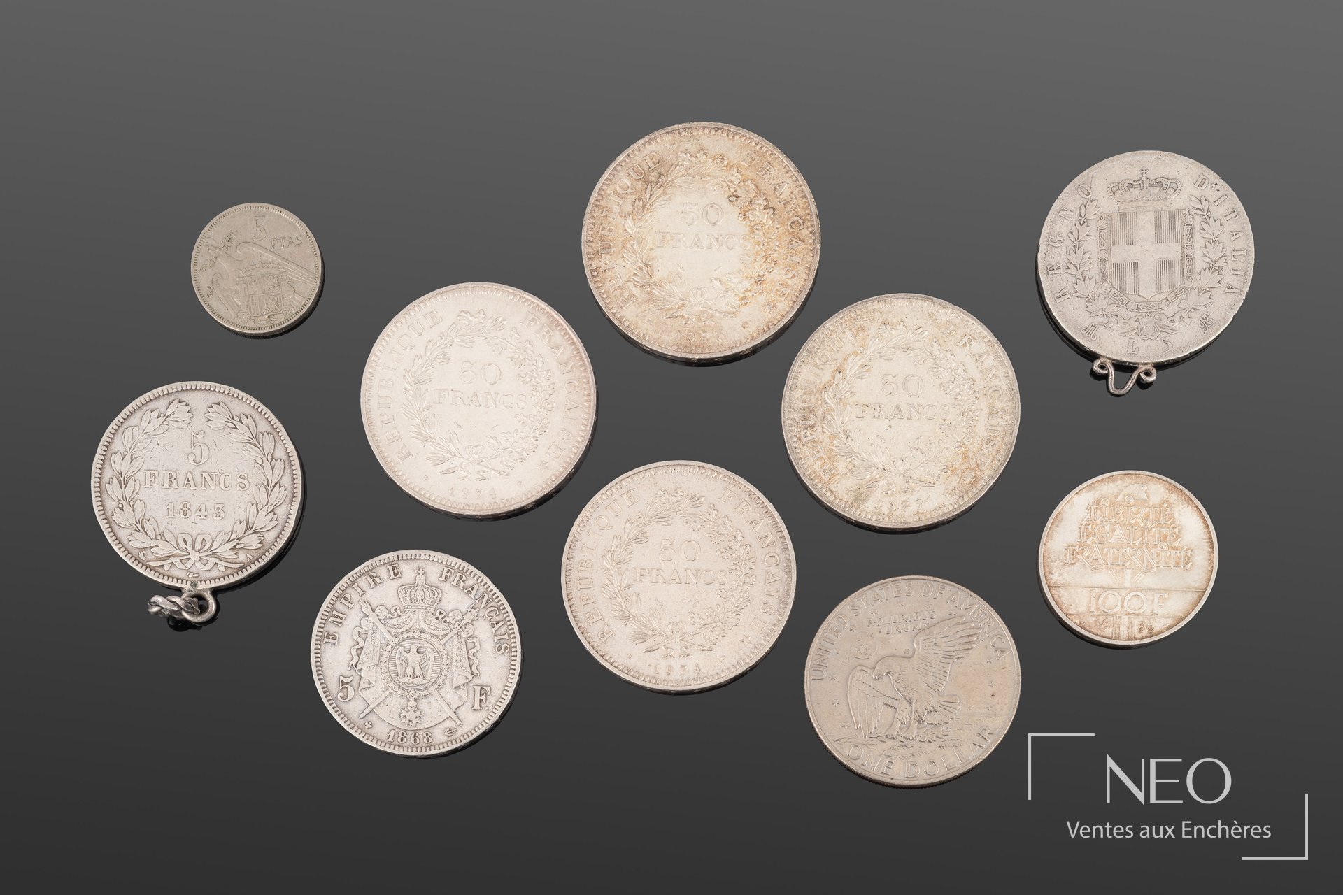 Ensemble de pièces en argent et argent monté, monnaies du XIXe et du XXe siècle